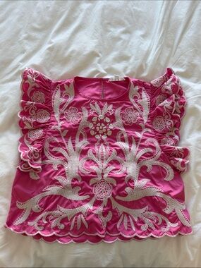 Embroidered Fuchsia Preppy Puff Sleeve Top